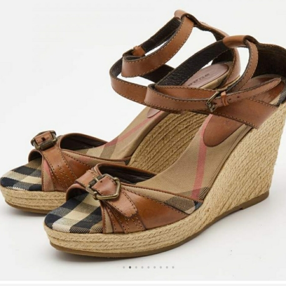 Burberry Brown Leather and Nova Check Canvas Buckle Detail Espadrille Wedge Sand - Picture 3 of 3